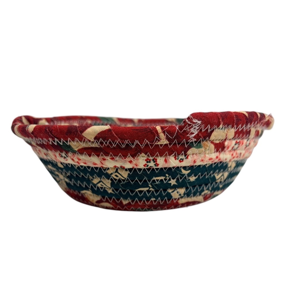 Handmade Coiled Fabric Basket Vintage Americana Red White Blue Folk Art 8 inch